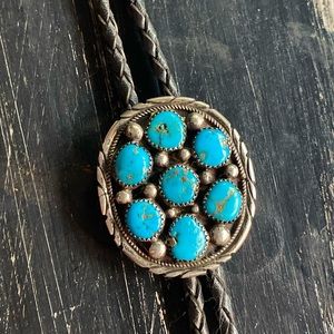 Western Leather Bolo with Bisbee AZ turquoise stones.